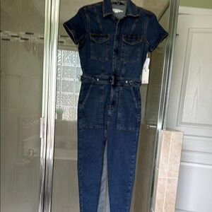 Good American -Blue Denim Overalls Fitted Belted Design- Size Large